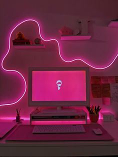 Led pink setup anime Led Lights Desk Aesthetic, Hot Pink Gaming Setup, Led Desk Setup, Gaming Area Ideas, Streaming Room Background Ideas, Neon Workspace, Streaming Room Setup, Pink Gamer Room, Gaming Lamp