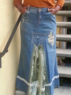 Luxe denim delight maxi skirt. Up cycle denim with a Asian textile theme front and back. size 10 Denim Recycling, Diy Distressed Jeans, Jeans Refashion, Flared Denim Skirt, Maxi Denim Skirt, Tech Clothing, Up Cycle, Jean Skirts, Blue Jean Skirt