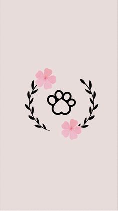 a dog's paw is surrounded by pink flowers on a pale background with black leaves