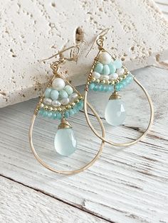 Goldfill teardrops, aqua chalcedony, Peruvian opal and freshwater pearls. 1" wide, 2.25" long Turquoise Teardrop Pearl Drop Earrings, Bohemian Teardrop Dangle Earrings With Pearl Drop, Bohemian Pearl Drop Teardrop Dangle Earrings, Bohemian Teardrop Pearl Drop Earrings, Teardrop Earrings With Dangling Beads, Wire Earring Ideas, Beaded Frame, Jewelry Diy Ideas, Diy Leather Earrings