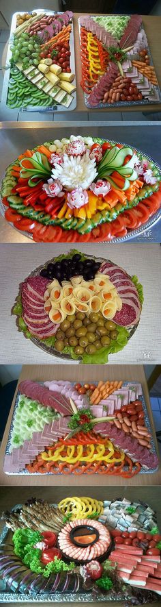 three plates with different types of food on them and one has an assortment of vegetables in it