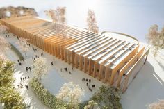 an artist's rendering of a wooden structure surrounded by trees and people walking around