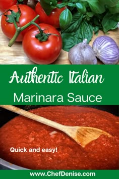 authentic italian marinara sauce recipe with fresh tomatoes and basil on the side in a pan