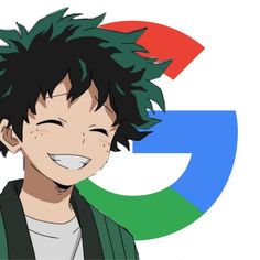 a man with black hair and green eyes is smiling in front of the google logo