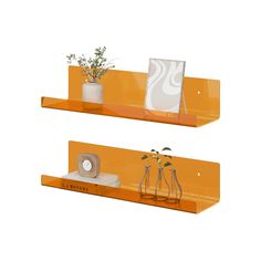 two orange shelves with vases and plants on them