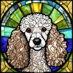 a close up of a stained glass window with a dog's face on it