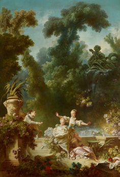 a painting of two children playing in a garden