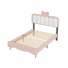 a pink bed frame with wooden slats and headboard is shown in front of a white background