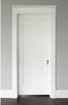 an empty room with a white door and wooden floors