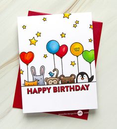 a happy birthday card with balloons and animals