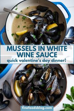 A pan of mussels in white wine sauce above a bowl of cooked mussels. White Wine Recipes, Steamed Mussels, Mussels Recipe, White Wine Sauce, Wine Recipes, White Wine