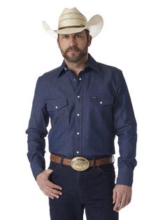 PRICES MAY VARY. 100% Cotton Fineweave Denim Western front and back yoke Long sleeve, Three snap cuffs Serged tails Machine wash cold with like colors only Non-chlorine bleach when needed Tumble dry low Remove immediately Medium iron Button Up Shirt With Jeans, Wrangler Cowboy, Wrangler Cowboy Cut, Wrangler Pants, Western Work, Western Denim Shirt, Estilo Country, Long Sleeve Denim Shirt, Western Front