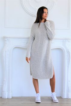 Oversized knit dress features open/round neckline, side splits, thumb holes and relaxed fit . Ultralight but extra warm. Made of 78% Peruvian Alpaca/merino wool blend. Color is Pearl grey. Length for size Small is 38 inches / 97 cm , measured from the top of the shoulder down.  If you are tall or petite please let us k Peruvian Alpaca, Wool Knitted Dress, Sweater Dress Oversized, Mommy Makeover, Sweater Dress Outfit, Legging Outfits, Alpaca Sweater, Knit Alpaca, Sweater Dresses