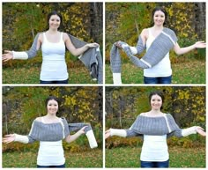 four pictures of a woman wearing an apron and holding something in one hand while standing on the grass