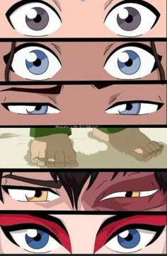 four different anime eyes, one with blue and the other red in it's center