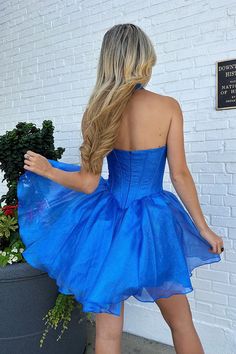 Sparkly A-Line Sweetheart Royal Blue Organza Short Homecoming Dresses VK240901904 – Vickidress Blue Knee-length Dress For Prom Season, Blue Knee-length Mini Dress For Prom, Blue Homecoming Dress With Fitted Bodice, Blue Mini Dress For Prom Season, Blue Fitted Mini Length Corset Dress, Fitted Blue Corset Dress With Mini Length, Royal Blue Mini Dress For Prom, Blue Fitted A-line Strapless Dress, Blue Fitted Bodice Mini Dress For Homecoming