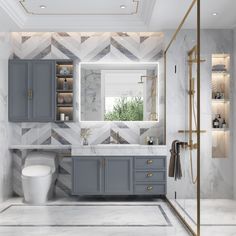 a bathroom with gray cabinets and marble counter tops