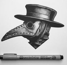 a black and white drawing of a bird wearing a hat with a mask on it