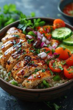 a wooden bowl filled with rice and chicken next to cucumbers, tomatoes, onions, and cucumber slices