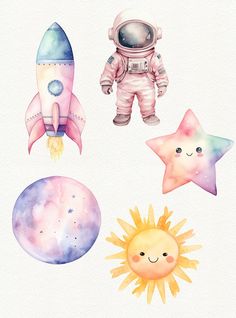 four watercolor drawings of different types of space related items, including an astronaut's suit and stars