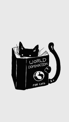 a black and white drawing of a cat in a box with the words world domination written on it