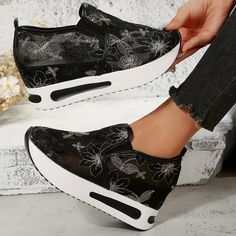 Material:FabricClosure:Slip-onToe Style:Plain toePatterned:FlowersEmbellishment Feature:EmbroideredShoe height:Low topAll-season:SpringItem ID:NC40913 Black Spring Wedge Sneakers With Round Toe, Black Platform Wedge Sneakers For Spring, Black Slip-on Casual Wedge Sneakers, Casual Black Slip-on Wedge Sneakers, Casual Slip-on Wedge Sneakers For Spring, Spring Synthetic Slip-on Wedge Sneakers, Black Synthetic Wedge Sneakers For Spring, Embroidered Shoes, Wedge Sneakers