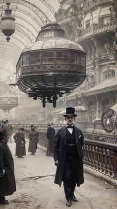 a man in top hat and coat walking down a street