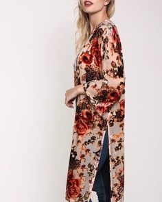 made with love, in the USA Casual Long Floral Print Cardigan, Long Casual Cardigan With Floral Print, Chic Long Sleeve Cardigan With Floral Print, Fall Floral Print Open Front Tops, Chic Floral Print Cardigan For Fall, Floral Print Long Sleeve Cardigan, Long Floral Print Cardigan For Fall, Fall Floral Print Open Front Cardigan, Floral Print Cardigan For Fall Day Out