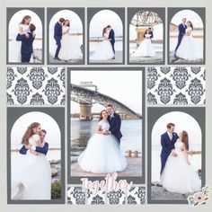 a couple posing for pictures in front of a bridge with their arms around each other