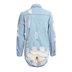 Light Blue Wash Distressed Denim Jacket Ripped Long Sleeve Medium Wash Outerwear, Ripped Medium Wash Long Sleeve Outerwear, Medium Wash Ripped Long Sleeve Outerwear, Oversized Distressed Denim Top, Long Sleeve Distressed Blue Outerwear, Blue Distressed Long Sleeve Outerwear, Ripped Blue Cotton Denim Jacket, Ripped Long Sleeve Denim Jacket, Ripped Blue Long Sleeve Outerwear