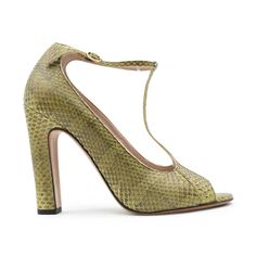 Chloe Heels - Women's 38 - Fashionably Yours Spring Ankle Strap Heels With Snake Print, Green Heels With Buckle Closure For Evening, Leather Snake Print High Heels, Leather Snake Print Heels For Formal Occasions, Formal Leather Heels With Snake Print, Formal Snake Print Leather Heels, Spring Snake Print Round Toe Heels, Gold Heels, Scarf Jewelry