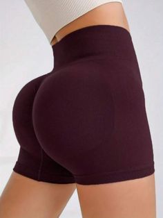 Waist Line:High Waist \nDetails:Ruched \nFit Type:Skinny \nColor:Burgundy \nPattern Type:Plain \nLength:Short \nFabric:High Stretch \nMaterial:Knitted Fabric \nComposition:90% Polyamide \nComposition:10% Elastane \nCare Instructions:Machine wash, do not dry clean \nPockets:No \nSheer:No \n Sports Shorts Women, Running Fitness, Fitness Yoga, Shorts Women, Yoga Shorts, Running Workouts, Boxer Shorts, Sport Shorts, Yoga Fitness