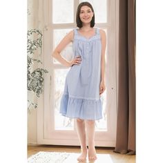 Step into a world of timeless elegance with the Alexander Del Rossa Embroidered Cotton Nightgown. This exquisite piece is a tribute to the romantic allure of vintage fashion, designed to enhance your nighttime wardrobe with its classic charm.

- **Material:** 100% Cotton
- **Color:** Light Blue
- **Size:** Small
- **Gender:** Female
- **Sleeve Type:** Sleeveless
- **Design Features:** Intricate embroidery on bodice and shoulder straps, functional button details, slight V-neckline, ruffled hem wi Feminine Blue Sleep Dress, Cotton Nightgowns, Sleeveless Nightgown, Female Sleeve, Denim Texture, Cotton Nightgown, Vintage Nightgown, Vintage Romance, Nightgowns For Women