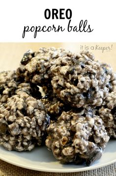 a plate full of oatmeal popcorn balls on top of a tablecloth