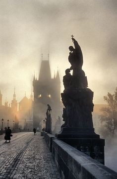 a person walking down a cobblestone road in front of a castle