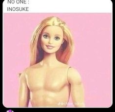 a barbie doll with blonde hair and no shirt on, looking at the camera while standing in front of a pink background