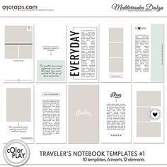 the traveler's notebook templates 1 is shown in grey and white, with black lettering