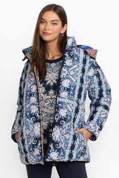 Crafted from a lightweight durable fabric and lined for warmth, the Mauri Puffer Jacket is embellished with a bold, eye-catching pattern. Featuring two unique designs, this fully reversible jacket offers a detachable hood and seam pockets at both sides. Layer over fitted leggings and a pullover tunic for a cozy cold weather option. Johnny Was Women's Mauri Puffer Jacket in Darnahta Scarf Print Blue, Size Medium Blue Long-sleeve Quilted Jacket For Winter, Blue Long Sleeve Quilted Winter Jacket, Blue Long Sleeve Quilted Jacket For Winter, Blue Quilted Jacket For Fall, Blue Quilted Jacket For Cold Weather In Fall, Blue Quilted Long Sleeve Jacket For Cold Weather, Blue Quilted Outerwear For Cold Weather, Blue Long Sleeve Quilted Jacket For Cold Weather, Quilted Blue Hooded Outerwear