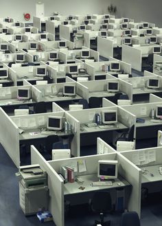 there are many cubicles that have computers on them with the words you are a victim