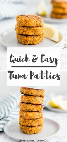 some food is stacked on top of each other with the words quick and easy tuna patties