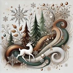 an artistic christmas card with a deer and snowflakes