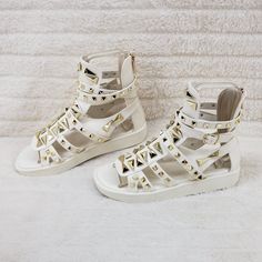 New In Box Leatherette Upper Covered In Gold Tone Multi Shaped Studs Back Zipper And Wrap Around Strap With Buckle Closure. Runs True To Size White Ankle-high Sandals For Summer, Ankle Sandals Flat, Ankle Sandals, Square Toe Sandals, Woven Sandals, Sandals Flats, Ankle Wrap Sandals, Rhinestone Sandals, Capes For Women