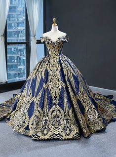 This sumptuous blue ball gown dress can make you look like a princess with its lively blue color and distinct style. Get your stunning look with this glitzy and appealing dress. Its mesmerizing golden sequins detail in contrast to its appealing blue color will surely let you make a real statement. Long Sleeve Quinceanera Dresses, Royal Blue Ball Gown, Train Prom Dresses, Sequin Ball Gown, Sweep Train Prom Dress, Red Wedding Dress, Princess Prom Dresses, Blue Ball Gowns, Wedding Dress Sequin