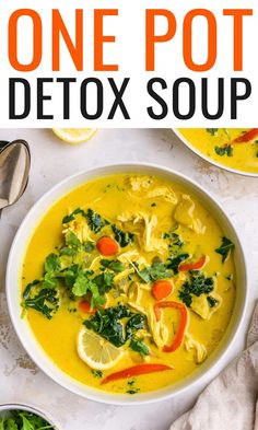 Give your body a reset with this veggie filled detox soup. It’s healthy, filling and packed with anti-inflammatory ingredients like turmeric, ginger, lemon and cayenne pepper. It comes together quickly in just one pot and is perfect for meal prep! #FarmtoTableSoups Chicken Coconut Milk, 7 Day Cabbage Soup Diet, Detox Vegetable Soup, Chicken Coconut, Soup With Chicken, Eating Bird Food, Cabbage Soup Diet, Detox Soup, Soup Diet