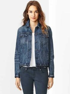 NEW WOMENS XS 1969 GAP DENIM JEAN JACKET - DARK BRIG - DESTRUCTED - COAT NEW WOMENS XS 1969 GAP DENIM JEAN JACKET - DARK BRIG - DESTRUCTED - COAT BRAND: GAP ITEM: Women's 1969 Denim Jacket in colorway Dark Brig 100% cotton Machine wash Premium denim Darker medium blue wash with fading & whiskering Destructed detail on collar Long sleeves with single button cuffs Point collar, front button placket Patch pockets on chest with button-flap closures, angled besom pockets Banded waist with button-tabs Build Your Own Wardrobe, Mix And Match Wardrobe, Building Your Wardrobe, Closet Full Of Clothes, Gap Denim Jacket, Classic Denim Jacket, How To Mix, Next Clothes, Gap Denim