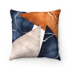 an orange, white and blue pillow on a white background with lightning strikes in the sky