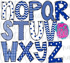 the letters are made up of blue and white polka dots, stripes, and chevrons