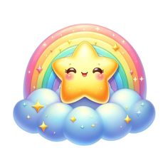 a yellow star sitting on top of a cloud in front of a rainbow and stars