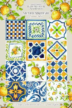 the cover of an illustrated book with lemons and tile designs on it, including oranges