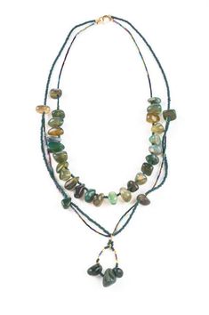 "Variegated shades of green agate tumbled pebbles and teardrop, bugle beads, and matching glass seed beads takes turns showing off in this multi-strand necklace.  Shortest strand is 23\". Longest strand, 28\", boasts a pendant of green agate teardrops, vermeil spacer beads, seed beads and bugle beads.  Pendant, 2 1/4\" L.  Heavy-duty gold-filled lobster clasp. Pair with matching earrings (sold separately): http://www.etsy.com/listing/92813563/green-agate-and-seed-bead-earrings https://www.etsy.c Cheap Green Multi-strand Necklaces, Cheap Green Double Strand Jewelry, Luxury Green Multi-strand Beaded Necklaces, Cheap Green Double Strand Beaded Necklace, Amazing Finds, Art Nouveau Pendant, Beads Pendant, Bugle Beads, Green Agate